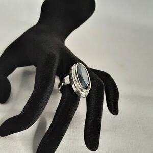 Art Deco Style Ring Large Oval Faceted Black Stone On Scalloped Bezel Setting